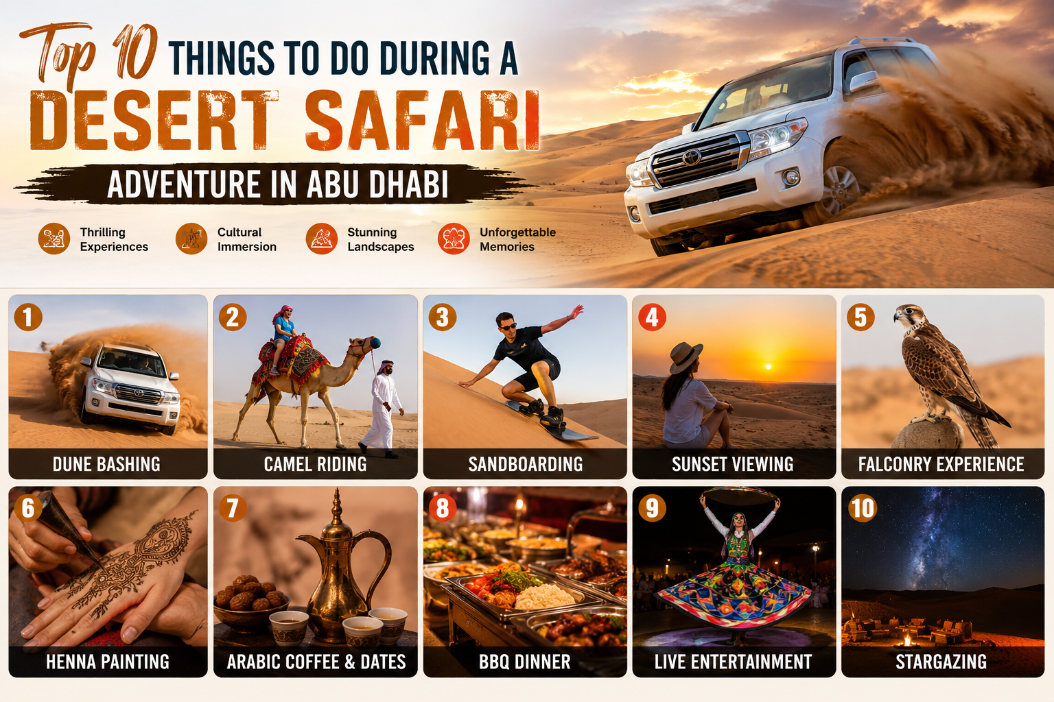 Top 10 things to do during a desert safari adventure in Abu Dhabi including dune bashing, camel riding, sandboarding, BBQ dinner, and stargazing.
