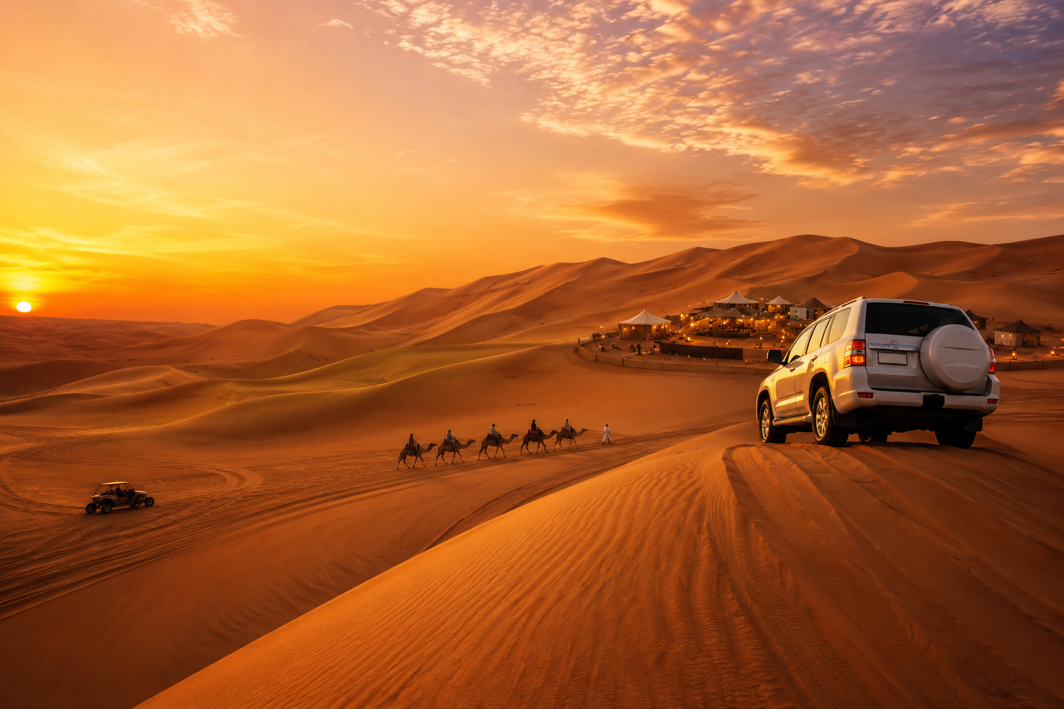 Top 10 Dubai Desert Safari Packages with luxury 4x4, camel ride, and desert camp at sunset