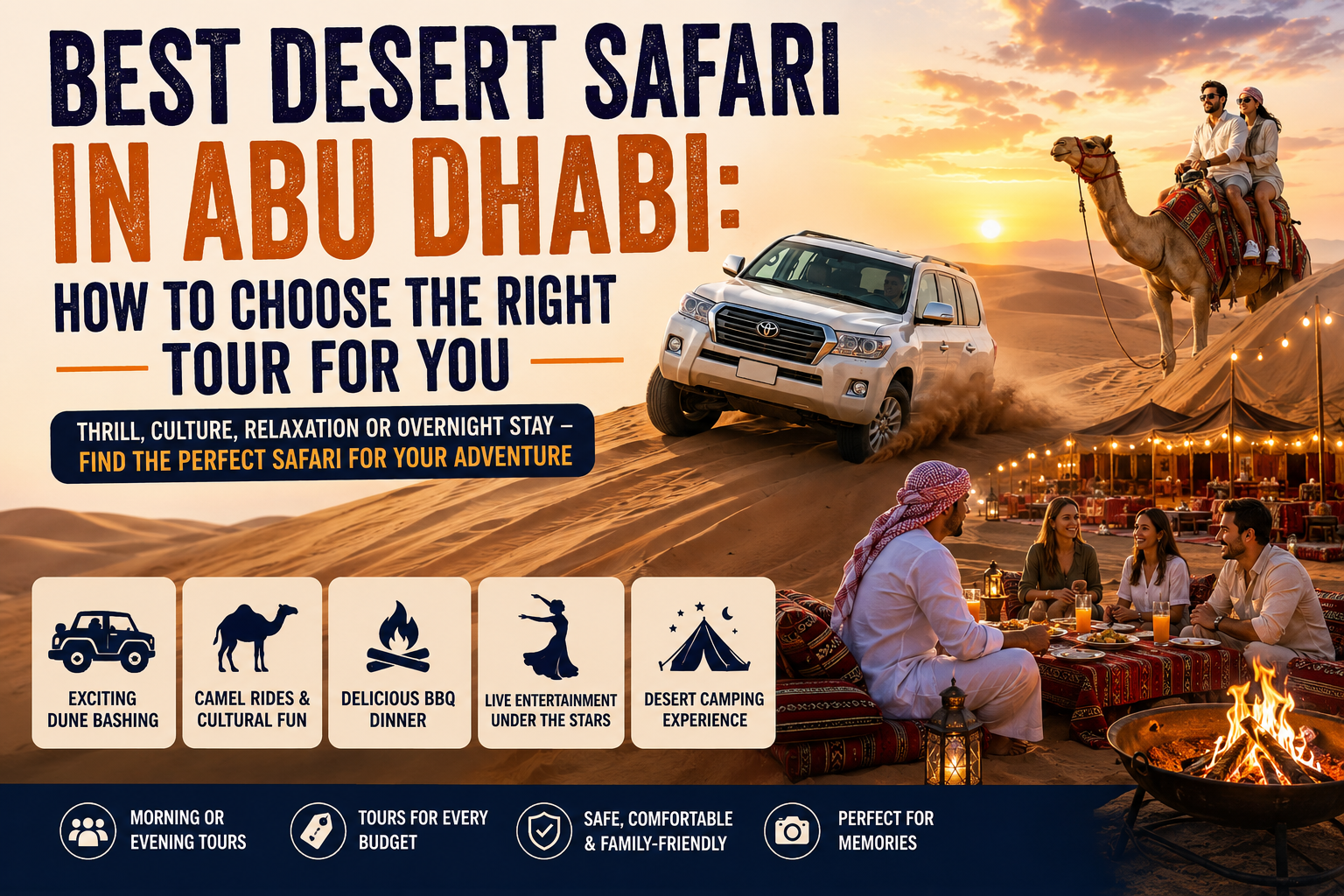Best desert safari in Abu Dhabi with dune bashing, camel rides, and sunset camp