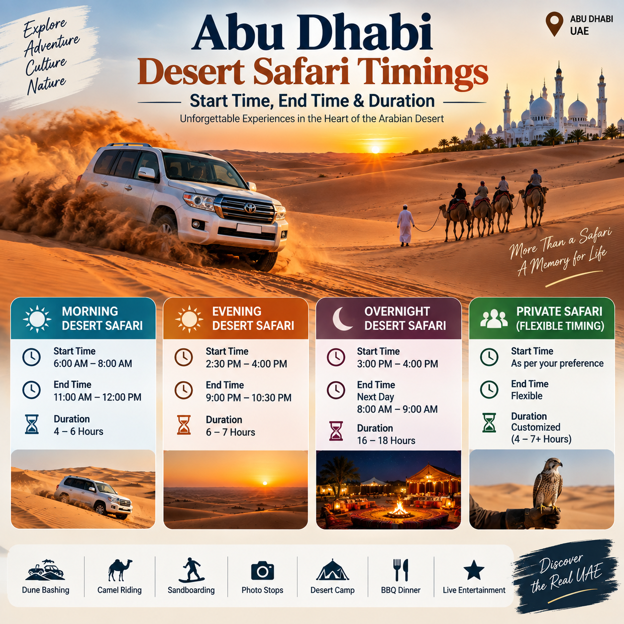Abu Dhabi desert safari timings start time end time and duration